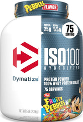 Dymatize front can showing Fruity Pebbles flavor and clear branding benefit convenience