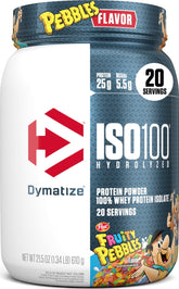 Dymatize ISO100 front tub showing Fruity Pebbles flavor and product benefit