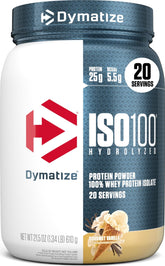 Dymatize ISO100 front tub showing label and flavor for clear product identification and trust