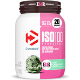 Dymatize ISO100 front tub showing brand and mint chocolate chip flavor for convenient protein