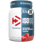 Dymatize ISO100 front can showing label and serving info, clear product benefit