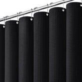 Dynamene black curtain full front view showing elegant waffle texture and neat drape benefit privacy