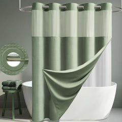 Dynamene front view of sage green curtain showing full waffle texture and neat hang, modern look