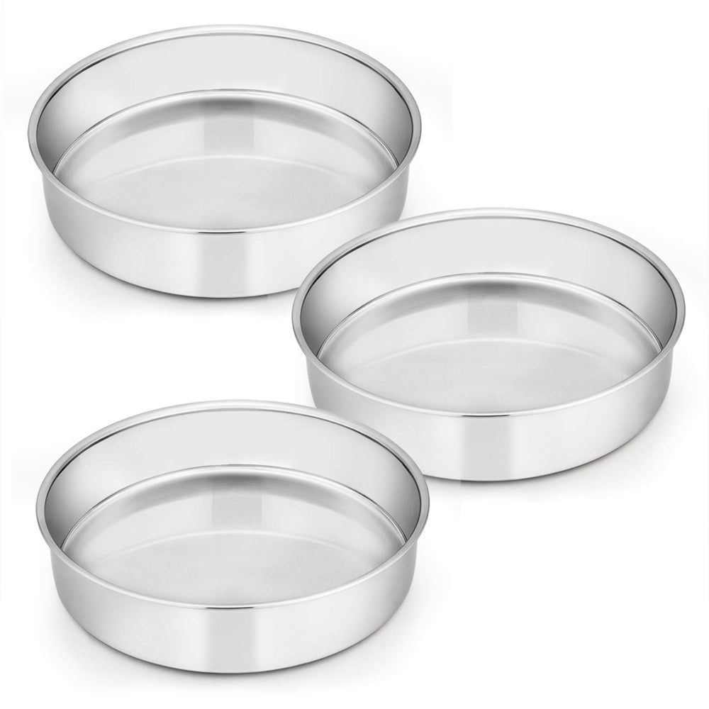 E-far 8 inch pans front view showing three identical rounds and professional finish