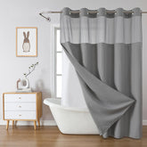 eachope front view of grey waffle shower curtain highlighting neat hang and clean look