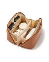 EACHY front view of brown PU leather cosmetic bag showing sleek look and easy cleaning