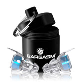 Eargasm front packaging showing blue earplugs and compact case for easy protection