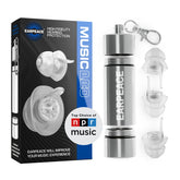 EarPeace MUSIC PRO front package showing kit components and compact case benefit
