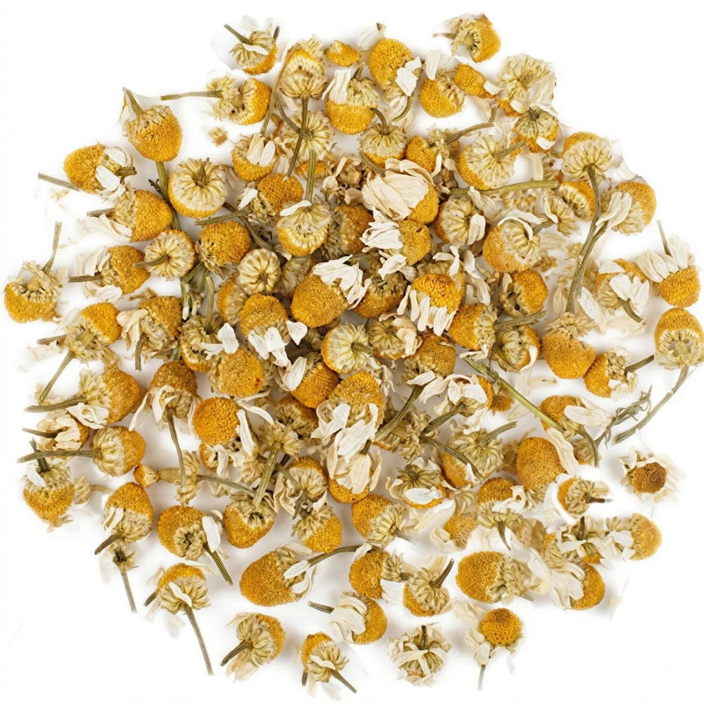 EarthWise Aromatics front packaging showing 1 lb chamomile flowers and organic label, clear benefit: transparency