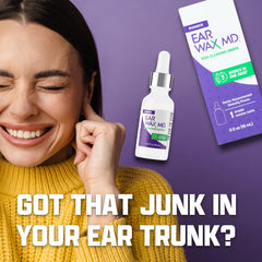 Earwax MD drop texture on fingertip illustrating gentle liquid formula and quick softening benefit