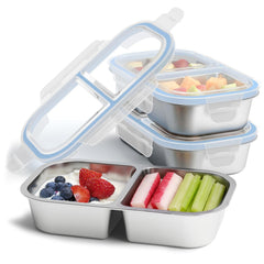 EC-Gaze front view of three stainless steel snack containers with lids, shows durable design and portability