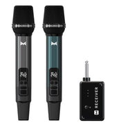 ECHOMUSSY front view of two metal microphones and receiver, shows professional setup benefit