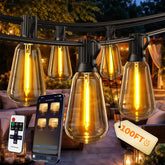 Ecoeve front view of 100 ft string lights showing full run and bulbs, enhances outdoor ambiance