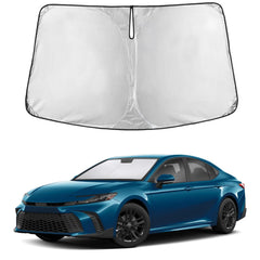 EcoNour sunshade front view on Camry showing full windshield coverage and heat reduction