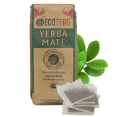 ECOTEAS front packaging showing 100-count unsmoked yerba mate, highlighting convenience