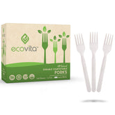 Ecovita front packaging showing 140 compostable forks and tray benefits