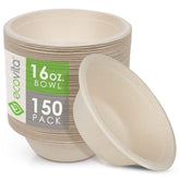 Ecovita front packaging showing 150-count 16 oz compostable bowls, convenient bulk supply