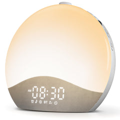 ecozy front view white clock on nightstand showing display and benefit of gentle wake