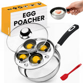 Eggssentials front view of stainless steel poacher showing polished finish and cups