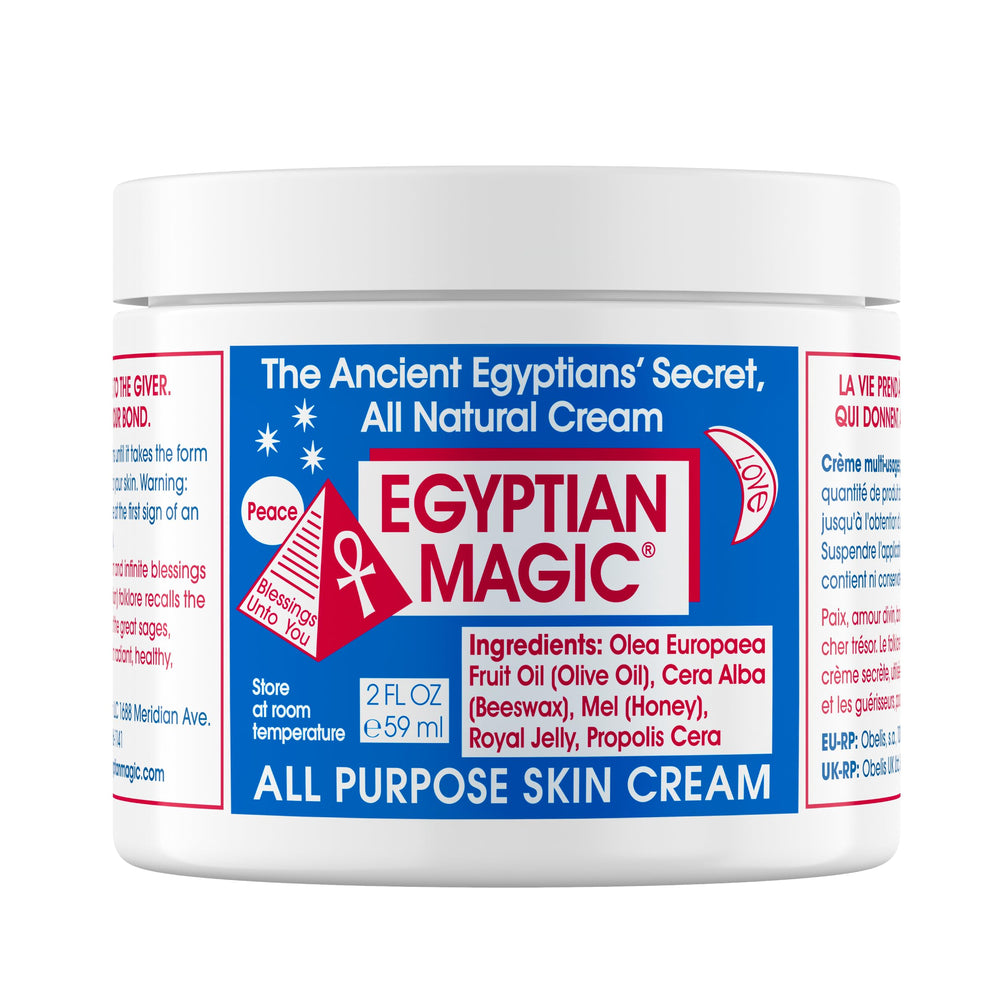 Egyptian Magic front jar showing simple packaging and travel-ready size benefit