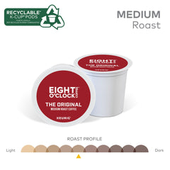 Eight O'Clock pod inserted in Keurig-compatible brewer for fast morning coffee