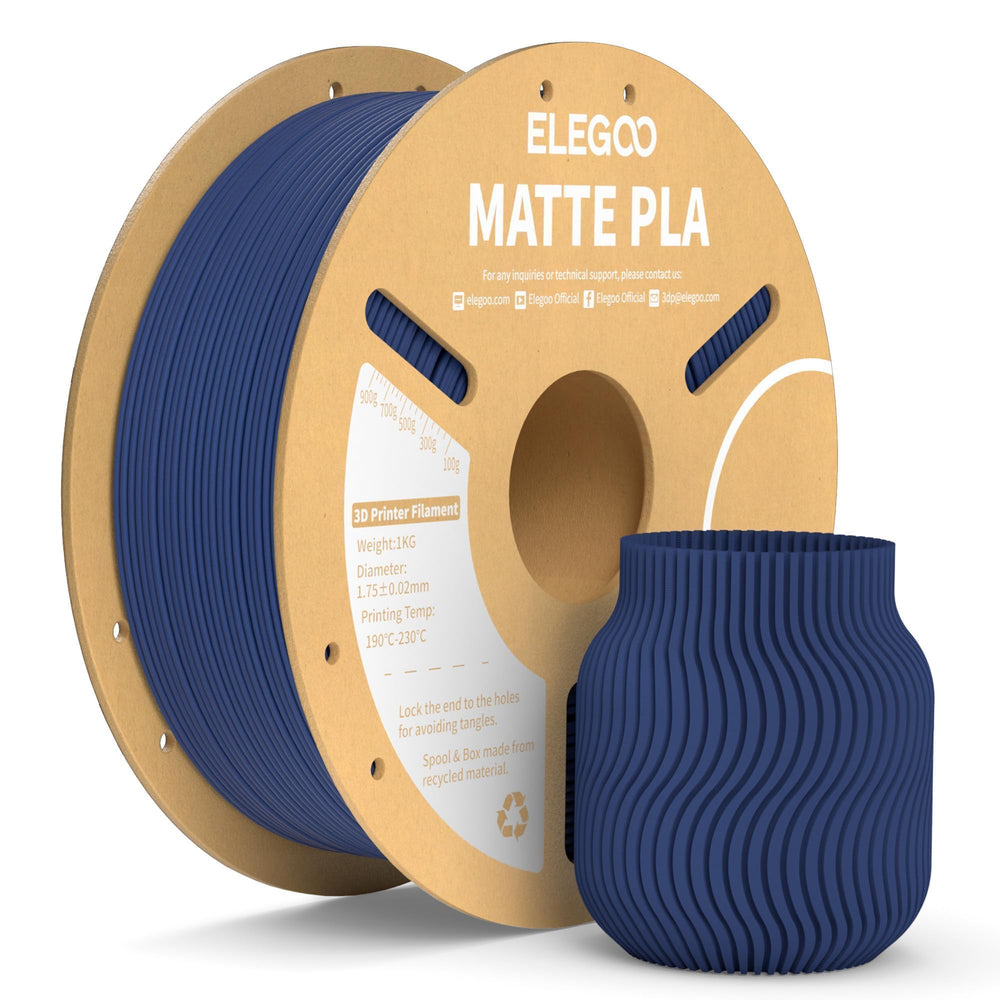 ELEGOO navy blue spool front view showing clean labeling and matte color benefits