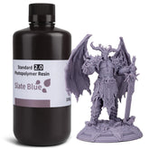 ELEGOO bottle front view showing slate blue 1000g resin and clear label, reliable supply benefit