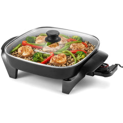 Elite Gourmet front view of 12-inch Ceralast skillet showing size and handles for easy serving