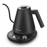 Elite Gourmet front view showing matte black kettle and copper accents for stylish countertop appeal