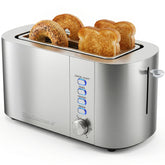 Elite Gourmet front profile showing stainless finish and four-slot capacity for family convenience