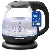 Elite Gourmet front view showing glass kettle and sleek black base for modern counters