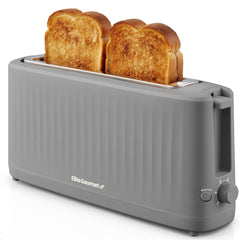 Elite Gourmet front view grey toaster showing slim footprint and slot benefit