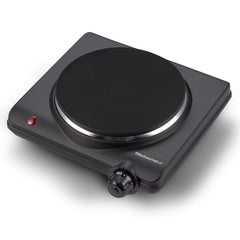 Elite Gourmet front view showing compact hot plate and controls for space-saving cooking