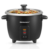 Elite Gourmet front view showing black cooker and clear lid, compact countertop convenience