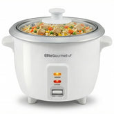 Elite Gourmet front view showing compact white rice cooker and easy setup benefit