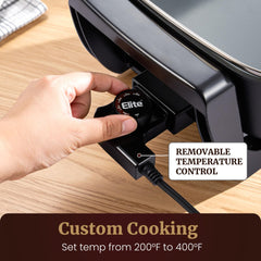 Elite Gourmet skillet in use at family dinner showing capacity benefit for gatherings