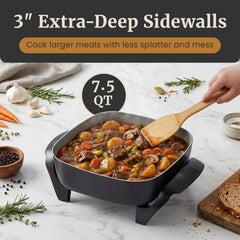Elite Gourmet skillet in use with stir-fry demonstrating even heat and contained splatter