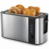 Elite Gourmet front view showing long slots and brushed stainless finish for large breads