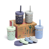 Elk and Friends front view of four 10oz stainless steel mason jars showing colorful sleeves for easy grip