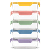 Ello front view of 5-pack meal prep set showing lids and glass, clear organization benefit