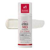 EltaMD UV Clear front pump bottle showing compact travel-friendly design and protection