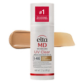 EltaMD UV Clear tinted front pump showing compact travel-ready packaging and SPF benefit