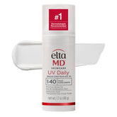 EltaMD UV Daily untinted front pump showing compact travel bottle and SPF benefit