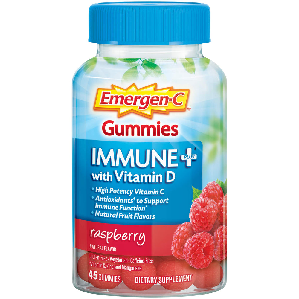 Emergen-C bottle front view showing label and raspberry flavor benefit