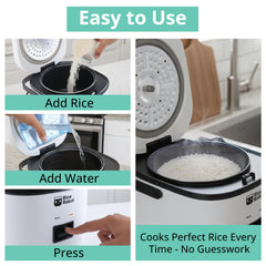 EMSON Rice Robot accessories laid out including measuring cups spoon and recipe book for ready cooking