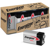 Energizer 9V front packaging showing eight batteries and product benefit