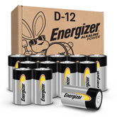 Energizer D front packaging showing 12-pack and brand reliability