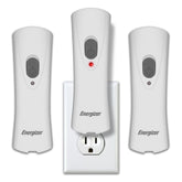 Energizer three-pack front packaging showing compact plug-in rechargeable flashlights and benefits