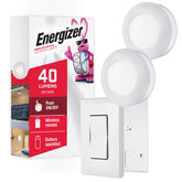 Energizer product front packaging showing two puck lights and wall switch, clear contents benefit