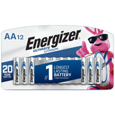 Energizer Ultimate Lithium AA front pack showing 12-count, clear shelf-ready branding and reliable backup